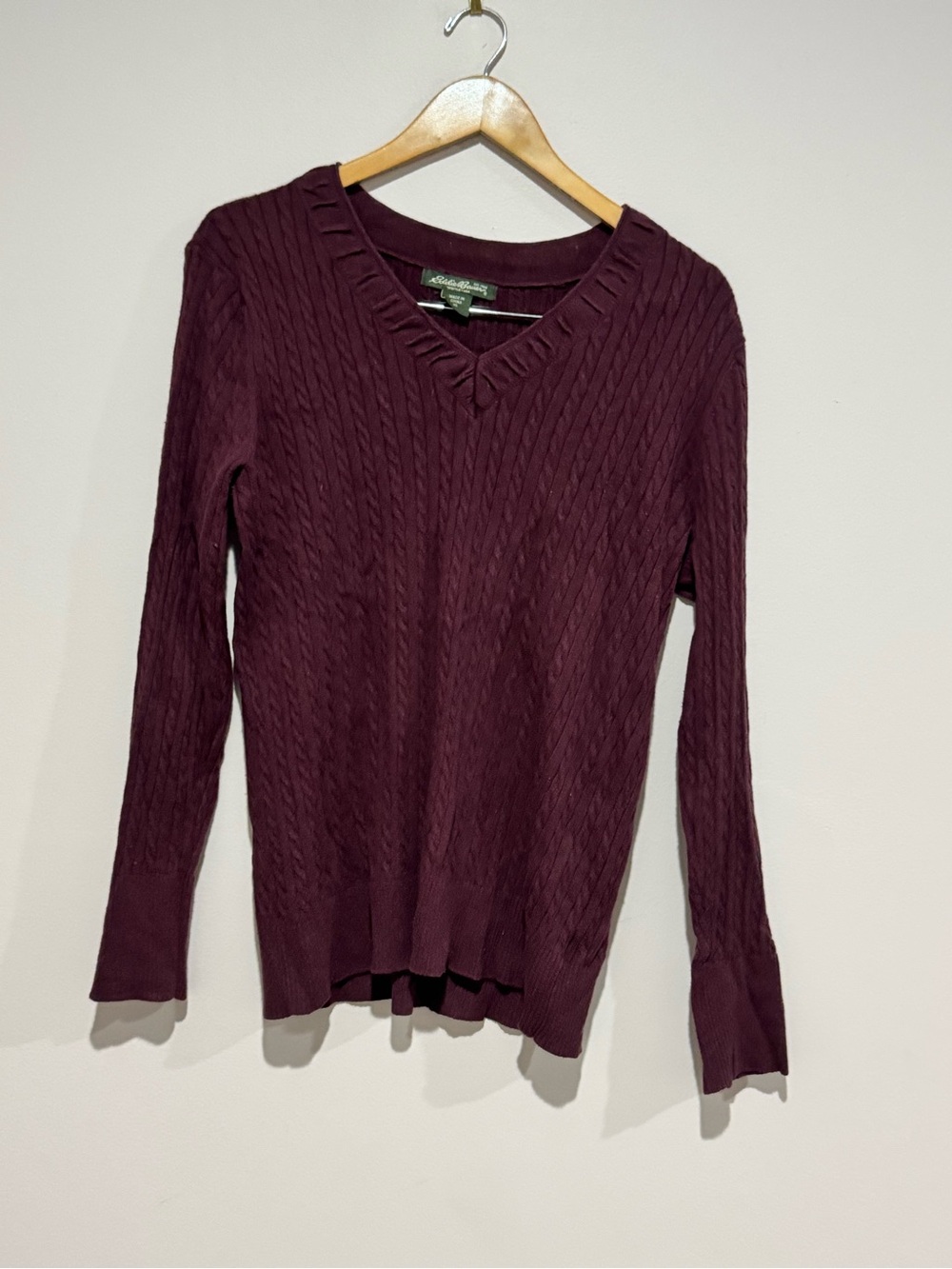 Vintage Eddie Bauer Sweater Stretch Cable Knit Womems XL V-Neck Navy